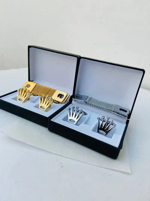 Cufflinks with box and chain in gold and silver