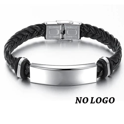 Men's leather bracelet with stainless steel ID bar and custom name engraving – photo 2