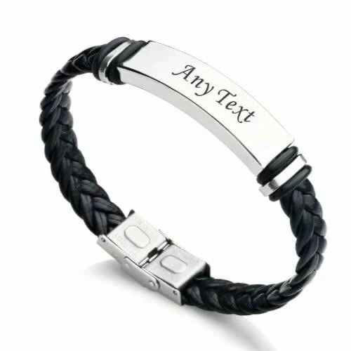 Men's leather bracelet with stainless steel ID bar and custom name engraving