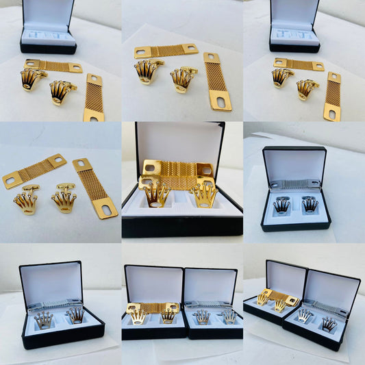 Crown cufflinks with logo box and chain