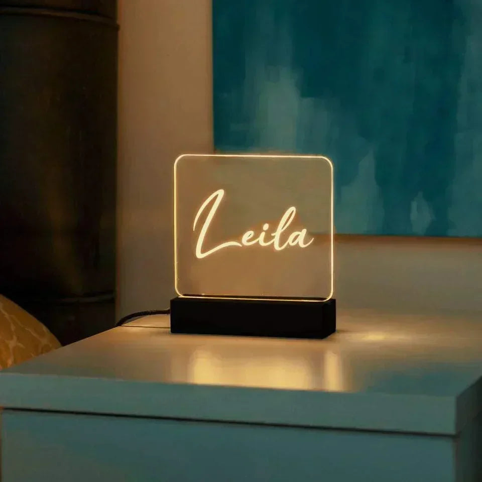 Acrylic name lamp with colour-changing LED base by Creative Sparks